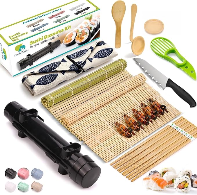 Sushi Making Kit, 22pcs Roller Maker for Beginners With Guide Book, Bazooka, Knife, Mat, Avocado Slicer, Chopsticks, Sauce Dishes & More - Sushi Lover's Gift