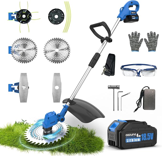 AZZUNO 21V 12-inch Brushless Weed Wacker Cordless Grass Eater Electric Lawn String Trimmer, Lightweight Brush Cutter 4.0Ah Battery Powered with Charger and Blades for Garden Yard