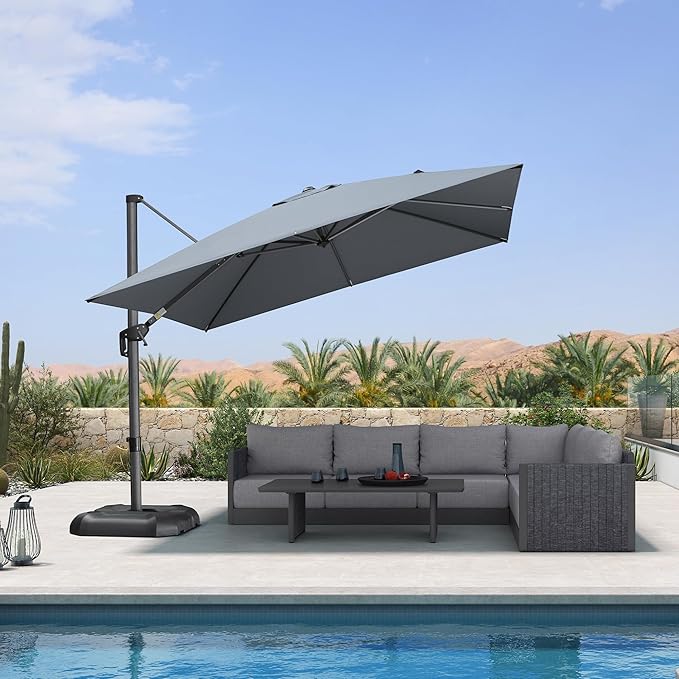 PURPLE LEAF 10 Feet Patio Umbrella Outdoor Cantilever Square Umbrella Aluminum Offset Umbrella with 360-degree Rotation for Garden Deck Pool Patio, Light Grey