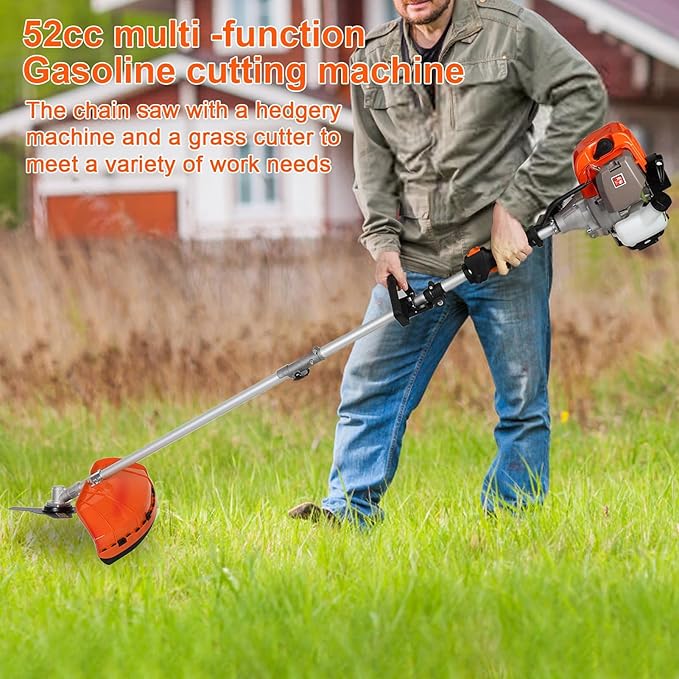 2025 New Gas Weed Wacker - 52cc 2-Stroke 5 in 1 Multi-Functional Lawn Mower Hedge Trimmer Pruners Gas Powered Brush Cutter, Handheld Weed Eater for Garden and Yard Lawn Orange