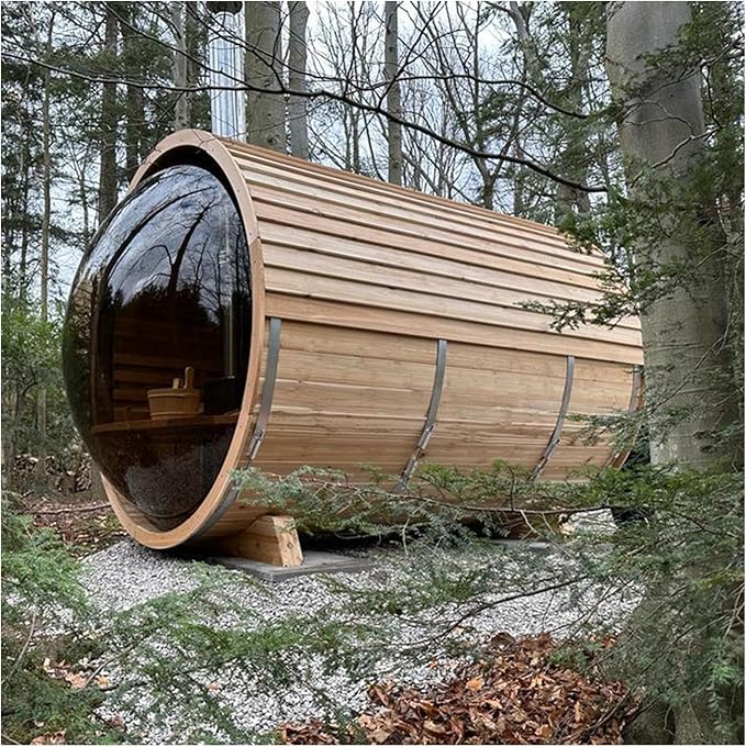 ZONEMEL Wooden Steam Sauna Room with Panoramic View, Canadian Red Cedar Traditional Outdoor Barrel Wood Burning Sauna with Porch, Wood-Fired Stove with Chimney Kit, Wood Shingles, 6-8 Person