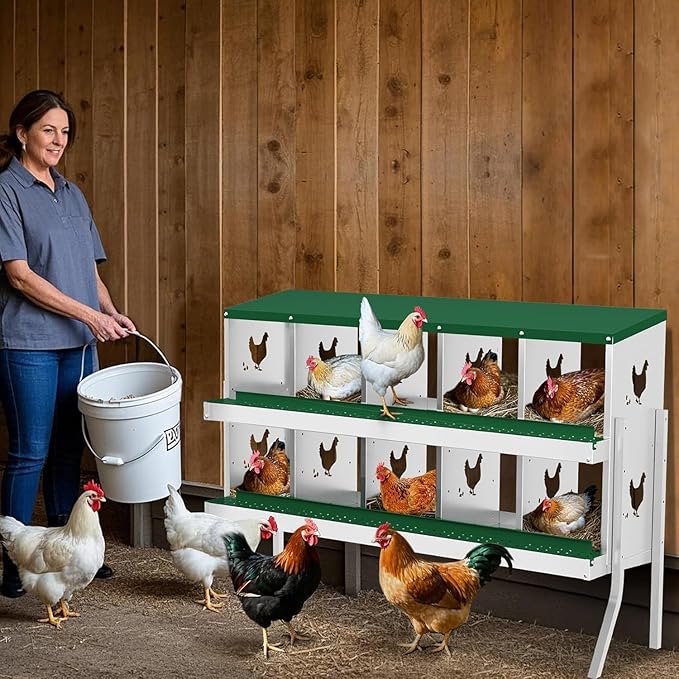 Metal Chicken Nesting Box, 10 Compartments, Rollout Egg Collection, Large Vented Holes, Perch Included, Wall Mount or Free Standing Laying Box for Hens and Chickens - Green with Legs
