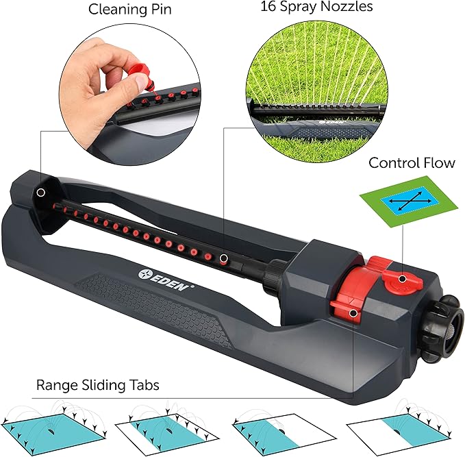 Eden 94105 Lawn & Garden Essential Oscillating Water Sprinkler for Yard with Width and Flow Control