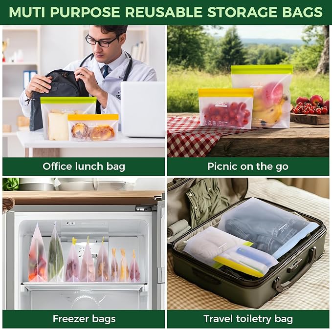 SPLF 6 Pack Stand-Up Reusable Gallon Freezer Bags Dishwasher Safe | Extra Thick 1 Gallon Leakproof Food Storage Bags, BPA and Silicone Free Freezer Bags for Meal Prep, Bread, Veggies, Travel