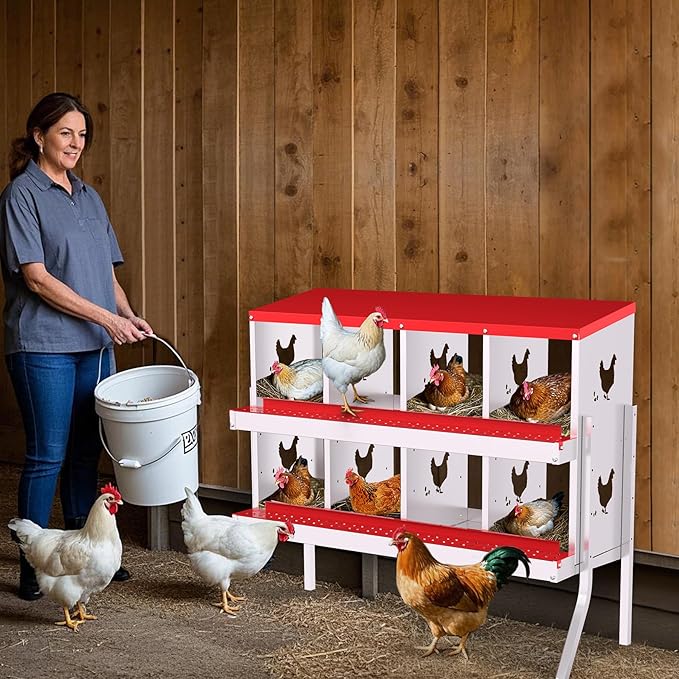 8 Holes Chicken Nesting Boxes, 2 Tiers 8 Compartments Metal Egg Laying Boxes with Legs, Wall Mount or Free Standing, Ventilated for Chickens, Hens, Ducks, Farm, Yard, Poultry Coop Accessories, Red