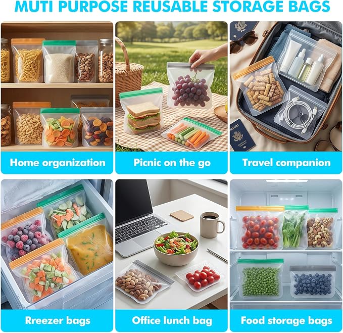 20 Pack Reusable Freezer Bags Silicone Dishwasher Safe, Leakproof Reusable Food Storage Bags BPA Free Healthy Food Storage Contaizers, Snack Sandwich Gallon Baggies for Meal Prep Lunch Travel Green