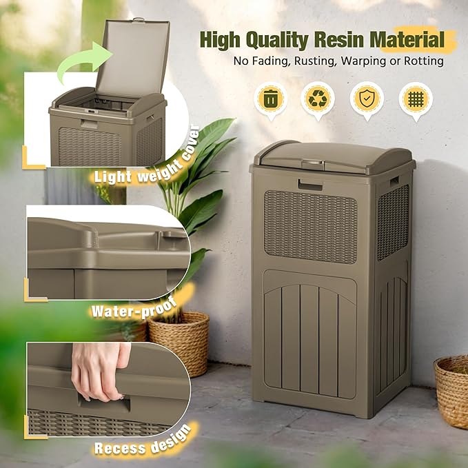 Devoko 33 Gallon Outdoor Trash Can, Hideaway Garbage Bins with Tiered Lid, Waterproof Resin Outside Waste Bins for Patio, Outside Pool, Backyard and Deck (1, Brown)
