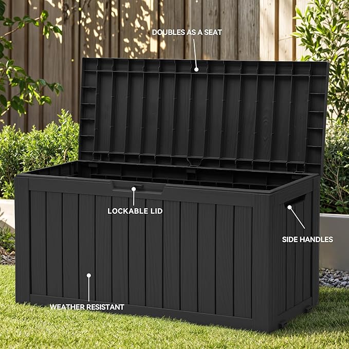 YITAHOME 72 Gallon Outdoor Resin Deck Box with Wheels, Pool Storage Box for Outdoor Cushions, Sports Equipment, Garden Tools, Black