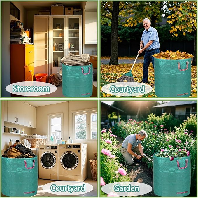 Reusable yard waste bags. 72-gallon large leaf bags(3-pack) Heavy-duty yard garden bag. Leaf bags with 4 handles that can stand upright. Great for collecting leaves and grass clippings