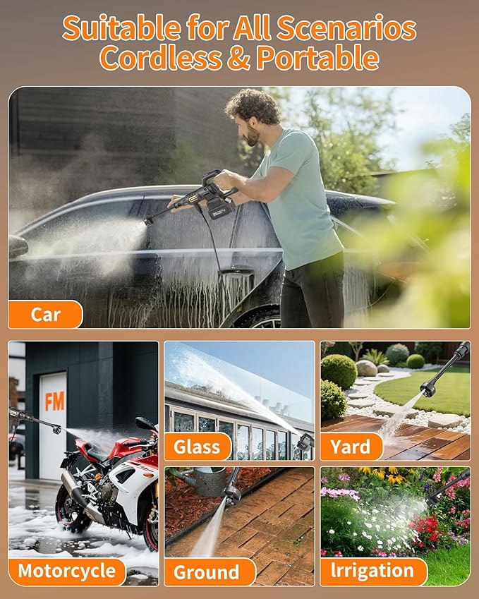 Cordless Pressure Washer Battery Powered; 1200PSI Cordless Power Washer with Brushless Motor, 4.0Ah Battery,6-in-1 Nozzle, 3 Power Level; Handheld Portable Pressure Washer Cordless (5022-BK2)