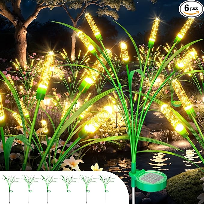 6 Packs Reeds Solar Garden Light, 30 Inch Garden Solar Light with 36 Bulbs, Intelligent Light Control System, IP65 Waterproof, Outdoor Solar Light for Decorating Yard, Pathway(Warm Color)