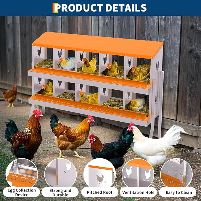 Chicken Nesting Box,10 Compartments Galvanized Steel Metal Chicken Laying Box with Roll Out Egg Collection,Wall Mount Chicken Nesting Boxes,Easy Egg Collection, Hen Roosting Boxes