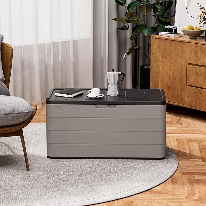 Heavy-Duty 100 Gallon Outdoor Storage Bench - Waterproof Patio Deck Box for Outside Use, Lockable Resin Storage with UV Protection, Granite Grey