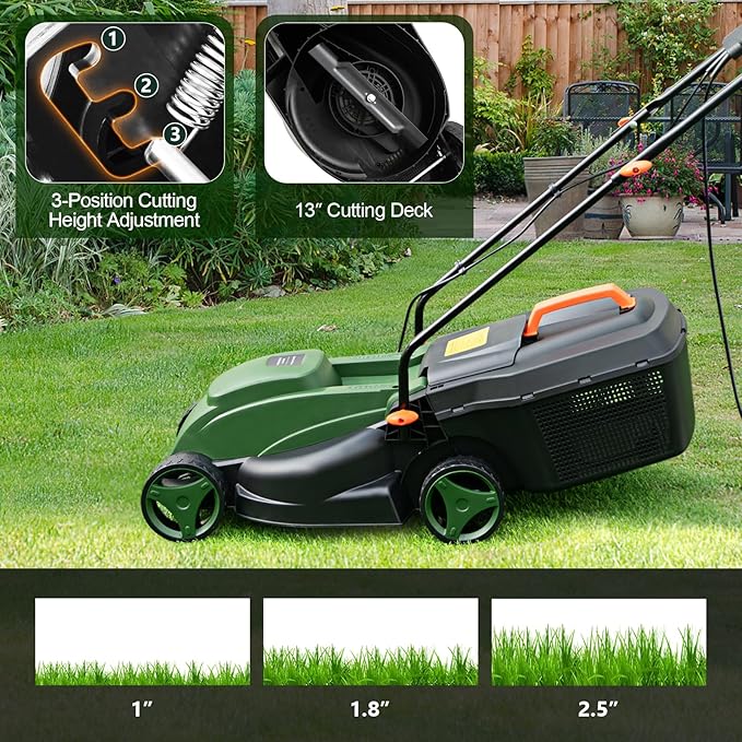 Electric Lawn Mower, 13" Corded Lawnmower with 10 Amp Copper Motor, 6.6-Gallon Grass Collection Box & 3-Position Heights, Push Lawn Mower Electric De-thatcher for Garden & Farmyard (Green)