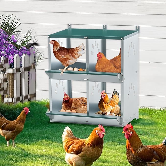 4 Compartment Metal Wall Mount Chicken Nesting Boxes with Easy Egg Collection, Individual Nests for Different Chicken Breeds, 22.05 x 16.92 x 25.59 Inches