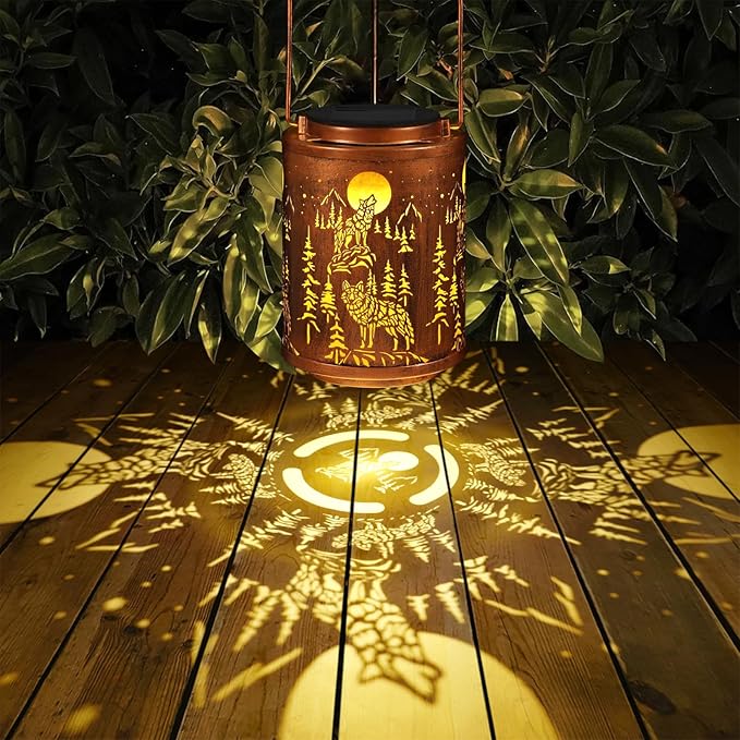 Solar Lanterns Garden Decor Birthday Gifts for Women Mon Grandma Metal Hanging Solar Lights Waterproof Outdoor Decoration for Outside LED Lanterns for Yard Patio Lawn Pathway(Wolf)