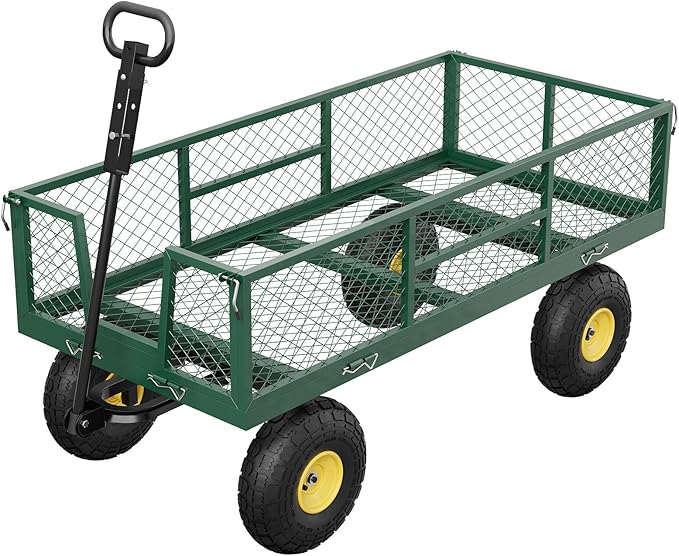 GarveeLife 900 LBS Garden Cart on Wheels with Adjustable Handles, Heavy Duty Steel Garden Wagon with Removable Mesh Sides to Convert into Flatbed, Wagon Cart for Lawn Farm Yard