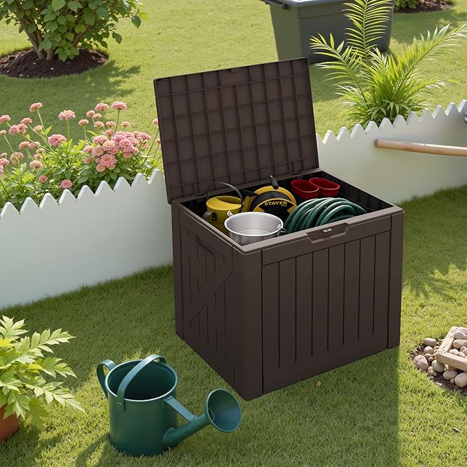 Greesum 40 Gallon Resin Deck Box, Outdoor Storage for Patio Furniture, Garden Tools, Pool Supplies, Weatherproof and UV Resistant, Lockable, Brown