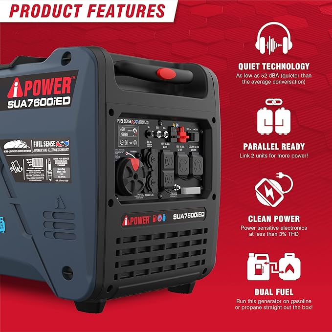 A-iPower 7600W Dual Fuel Quiet Portable Inverter Generator, Electric Start RV Ready, EPA & CARB Compliant CO Sensor, With Telescopic Handle For Backup Home Use, Tailgating & Camping (SUA7600iED)