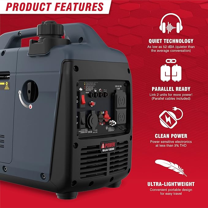 A-iPower 1500 Watt Portable Quiet Inverter Generator Gas Powered, Small Ultra Lightweight Quiet Generator for Camping, Tailgating, Home Backup, Emergency, EPA & CARB Compliant, CO Sensor (SUA1500i)