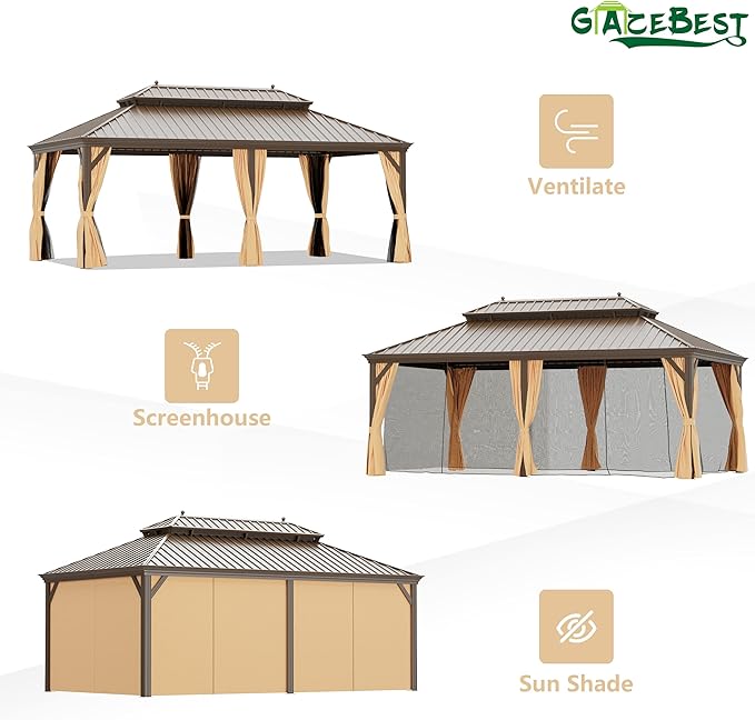12'x22' Hardtop Gazebo Outdoor Aluminum Patio Gazebo Double Roof Galvanized Steel Canopy with Netting and Curtains,for Garden, Backyard,Deck and Lawns