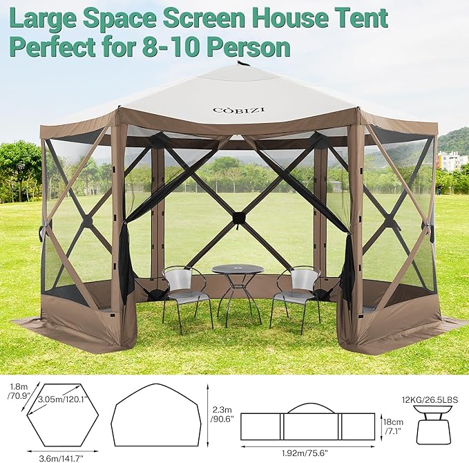COBIZI 12x12ft Pop up Gazebo Screen Tent Screen House for Camping, Camping Outdoor Screened Gazebo with Mosquito Netting, Portable Hub Tent with Carrying Bag and Ground Stakes, Brown(Upgraded 2.0)
