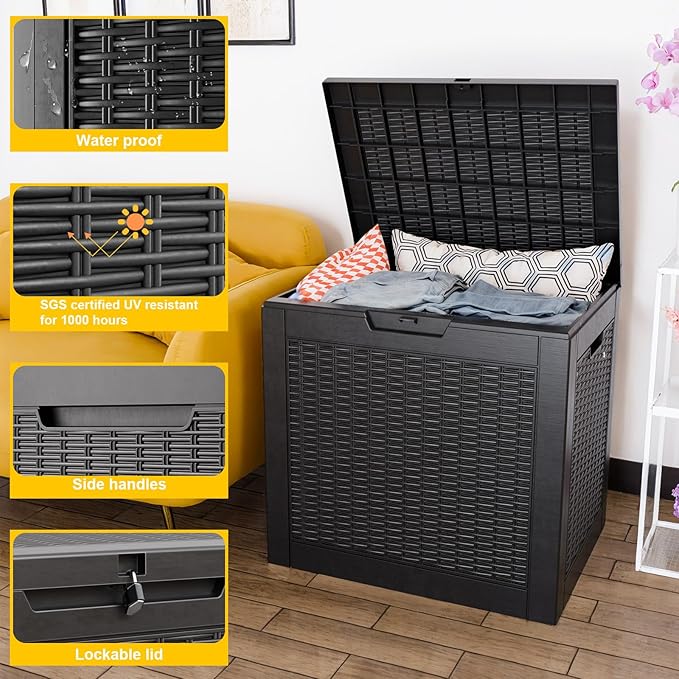 31 Gallon Outdoor Deck Box,Storage Lockable Waterproof Patio Furniture,Garden Tools,Cushions,Pool Accessories Outside Storage Resin Box(Black)