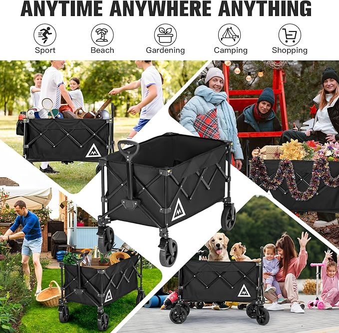 Wagon Cart Shopping Foldable Folding Collapsible with Wheels Big On Beach Garden Outdoor Grocery Heavy Duty Utility All Terrain Portable Wagons Carts for Groceries Sand Camping Sports Black