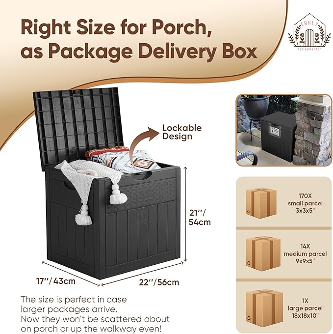 Deck Box, 51 Gallon Front Porch Package Bin Delivery Box for Outside, Small Patio Outdoor Storage Boxes Waterproof, UV Resistant Plastic Resin Pool Storage Bins with lids, White