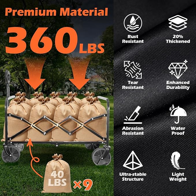 Wagons Carts Foldable, Collapsible Wagon, Foldable Wagon Cart with Wheels, Folding Wagons for Beach Camp Sports Garden, 2 Cup Holders/Lightweight Portable/Black/360 LBS