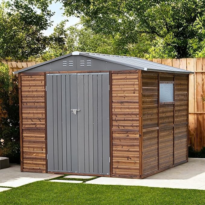 Shed 8' x 8' Storage Shed, 8x8 FT Wood Sheds & Outdoor Storage Clearance, Utility and Tool Garden Shed, Waterproof Storage Shed Large with Lockable Doors for Backyard, Patio, Outside
