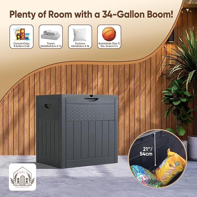 33 Gallon Deck Box, Small Outdoor Storage Box Waterproof, Lockable Secure Package Bin Delivery Box for Outside Front Porch, Patio Cushions Storage Box, Delivery Driver Snack Box for Porch, Grey