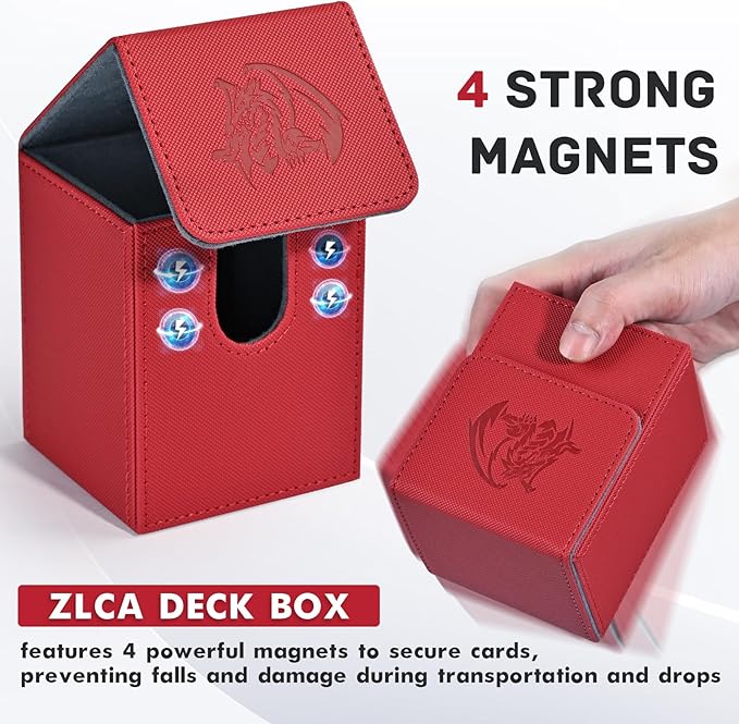ZLCA Card Deck Box for Trading Cards with 2 Dividers, Card Storage Box Fits 100+ Single Sleeved Cards, PU Leather Strong Magnet Card Deck Case Holder for Magic Commander TCG CCG (Red,Emperor Dragon)