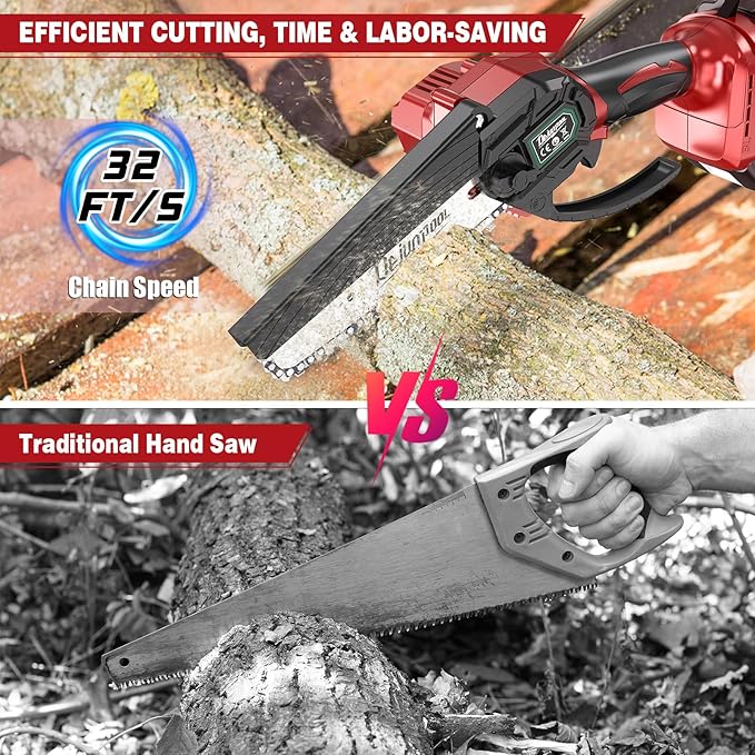 Mini Electric Chainsaw Cordless Brushless, 6 Inch Small Chainsaw Battery Powered, Handheld Chain Saw for Wood Tree Branches Pruning, 4 Chains, 2x 2500 mAh Battery, Garden Tools Christmas Gifts for Dad