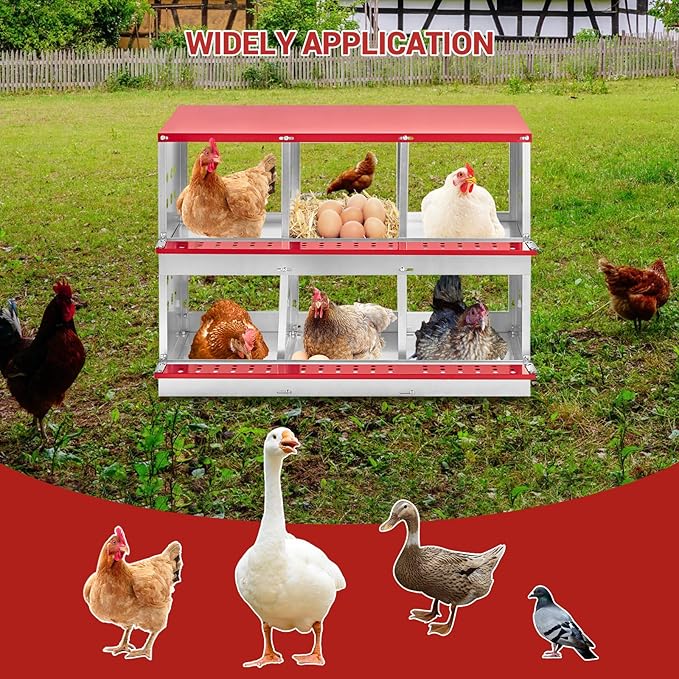 Heavy Duty Metal Chicken Nesting Box – 6 Compartments, Vented Holes, Swing Perch, Rollaway Egg Laying Box, Pull-Out Tray, Wall Mount, for Coops, Without Cover-Red, 96×48×71cm