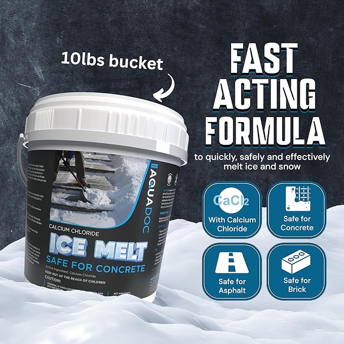 AquaDoc Ice Melt Safe for Concrete - Snow Salt & Rock Salt for Snow, Calcium Chloride Ice Melt for Driveway & Sidewalk Effective at -25°F, 10 Pounds