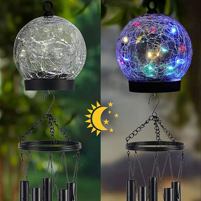Garden Wind Chimes Outdoor, Solar Hanging Glass Ball Wind Chimes with 15 Twinkling LEDs 42 Inch Large with Unique Memorial Sympathy Wind Chime Outside Garden Décor as a Gift for Patio, Porch, Balcony