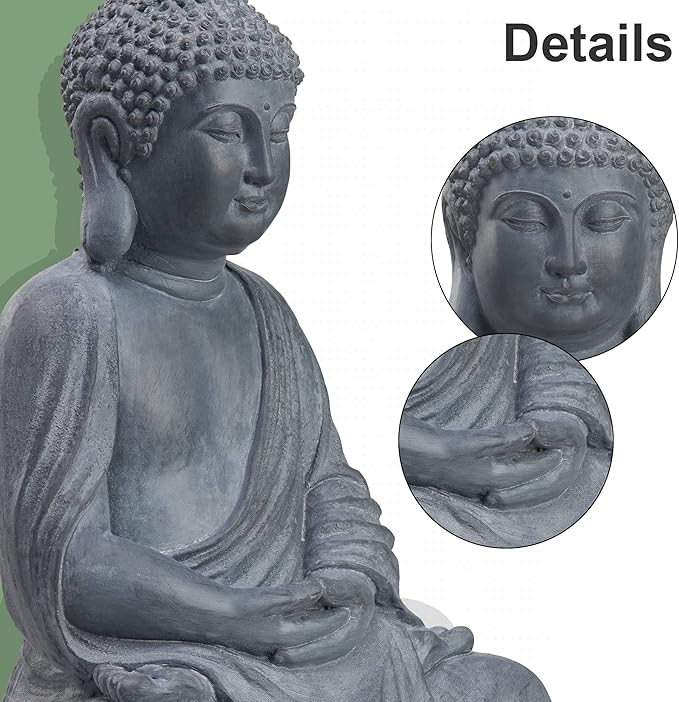 TOETOL Outdoor Buddha Large Statue Meditative Asian Zen Indoor 20” High Medium Yard Decor Magnesium Oxide Stone for Yard Garden Patio Deck Home, Dark Grey