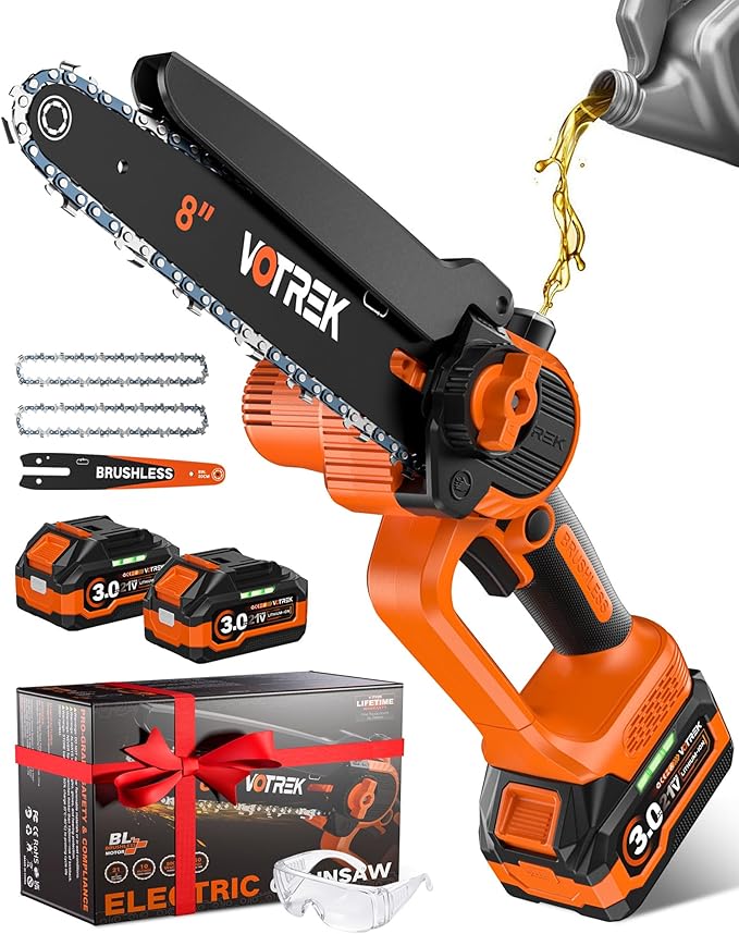 8 inch Mini Chainsaw Cordless with 2x3.0AH Batteries - Powerful Brushless Electric Handheld Small Chain Saw for Wood Cutting, Tree Trimming & Branch Cutting, Auto Oiler & Tool-Free Tensioner