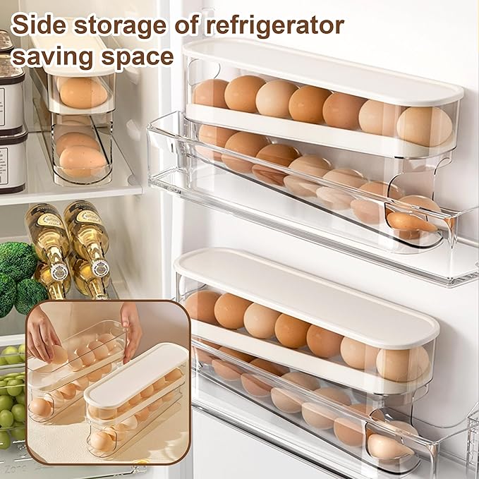 Egg Holder for Fridge, 2025 New Egg Organizer for Refrigerator Automatic Scrolling Eggs Rack Holder Rolling Dispenser, Stackable Fridge Container and Storage with Lid (1 Pcs)