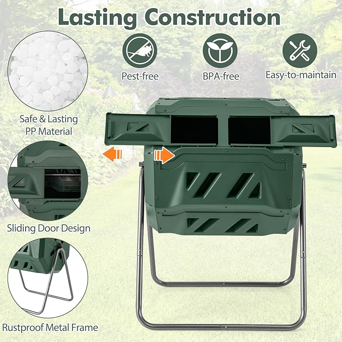 S AFSTAR Composter Tumbler Outdoor, 42-Gal Dual Chamber Tumbling Composter with 2 Sliding Doors, Metal Frame, BPA-Free Large Rotating Compost Bin Tumbler for Garden Yard Waste (Green)