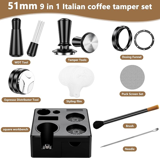 9 Pack Espresso Accessories Kit(Square),54mm Espresso Tool Kit | Espresso Tamping Station | Coffee Distributor Tamper | WDT Tool | Dosing Funnel | Mother's Day Gift for Espresso Lovers