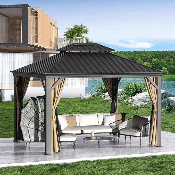 Gazebo 10' x 12' with Mosquito Net and Privacy Sidewalls, Patio Aluminum Permanent Gazebo, All Weatherproof Outdoor Hardtop Metal Gazebos,for Patio, Garden, Parties, Backyard,Lawn.