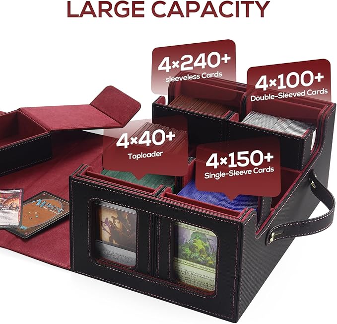 Trading Card Storage Box for MTG, card storage box with Commander Display,Multi-purpose Deck Case for MTG TCG Sports Card, 4 Toploaders, 4 Stoppers, 4 Colorful Dividers (Black & Red)