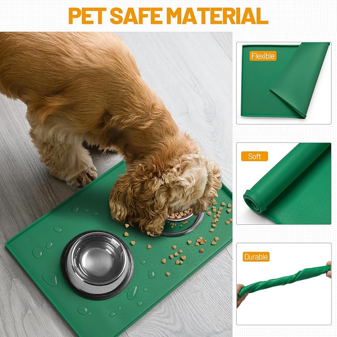 Hubulk Dog Feeding Mat,100% Waterproof Food Grade Silicone Pet Food and Water Bowl Placemat,Dishwasher, High Raised Edge to Prevent Spills,Nonslip Tray to Stop Messes on Floor(28"x18"x0.8",Hunter )