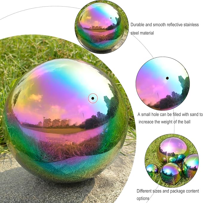 Nerien Gazing Ball, 2 Inch Stainless Steel Garden Mirror Globe, Polished Ornament Sphere, Hollow Floating Reflective Hemisphere, for Home Outdoor Pond Housewarming Swimming Decoration, Rainbow, 5pcs