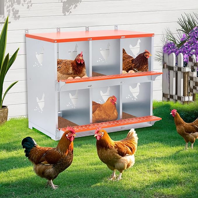 Chicken Nesting Boxes, 6-Bay Metal Nest Box with Vented Galvanized Steel Coop Equipment Wall Mount for Hens Ducks Poultry, Easy Egg Collection & Assembly, Orange (6 Compartment)