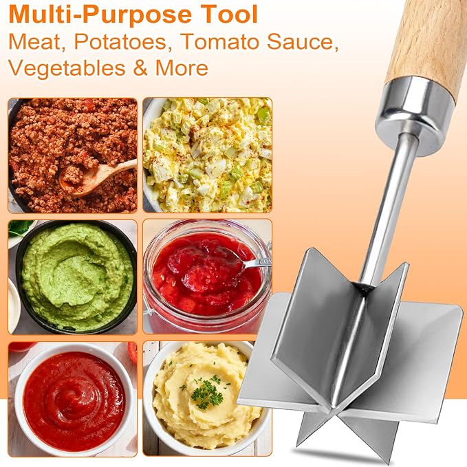 Palksky Meat Chopper Stainless Steel, 6 Curve Blades Meat Masher, 11 Inch Ground Beef Chopper Tool & Hamburger Smasher, Meat Pounder & Multi-Purpose Kitchen Tool