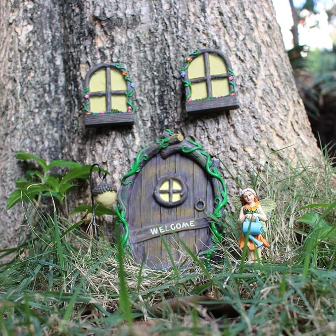 Fairy Door and Windows Garden Kit Accessories Outdoor, Glow in Dark Gnome House for Tree, Lawn Yard Art Sculpture, Miniature Garden Decor (Gnome)