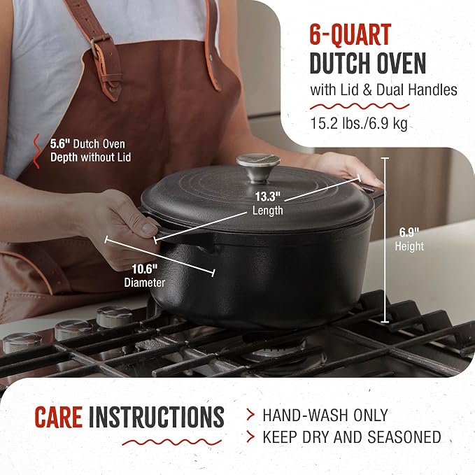 Victoria 6-Quart Cast Iron Dutch Oven with Lid and Dual Loop Handles, Seasoned with Flaxseed Oil, Made in Colombia,Black